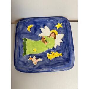 Angel Hand Painted Pottery Platter Wall Hanger 13” Harvest Angel Star Moon Birds